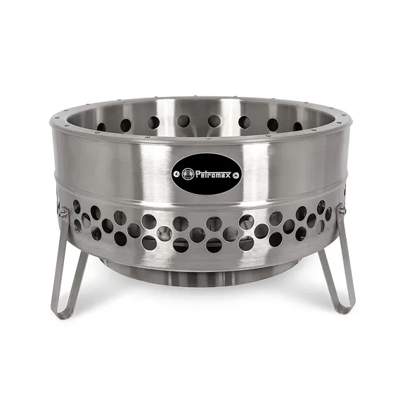 Runde Feuerschale Tyropit aus Edelstahl mit doppelwandigem Korpus, Belüftungsöffnungen und drei Standbeinen.